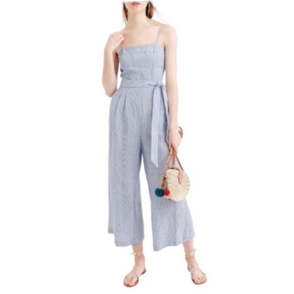 Banana Republic Blue Striped Linen Blend Tie-Waist Wide Leg Jumpsuit Size 12P - Picture 1 of 7